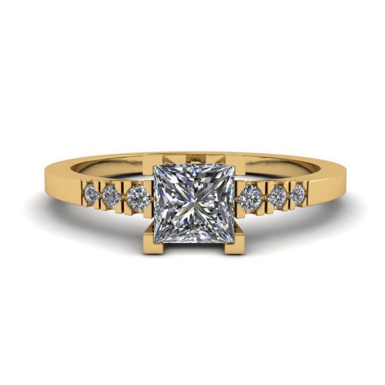 Princess Cut Diamond Ring with 3 Small Side Diamonds Yellow Gold