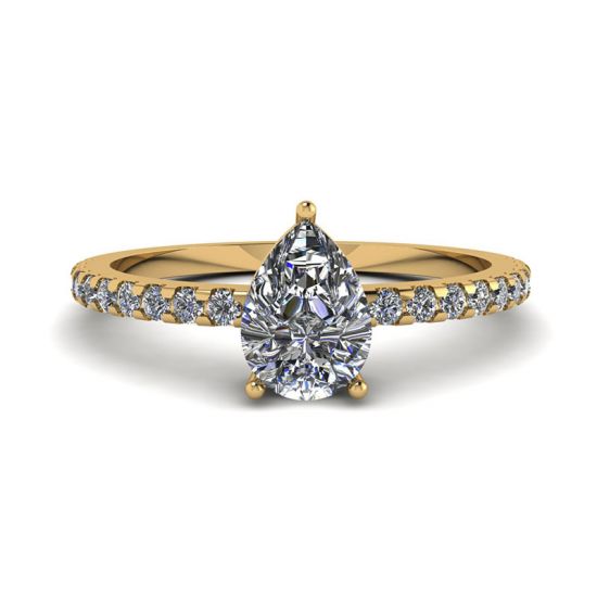 Pear Diamond Ring with Side Pave Yellow Gold, Enlarge image 1