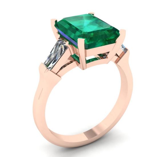 3 carat Emerald Ring with Side Diamonds Baguette Rose Gold,  Enlarge image 4