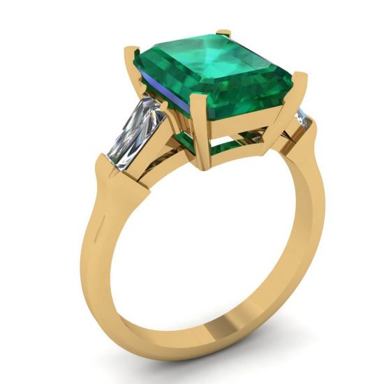 3 carat Emerald Ring with Side Diamonds Baguette Yellow Gold,  Enlarge image 4