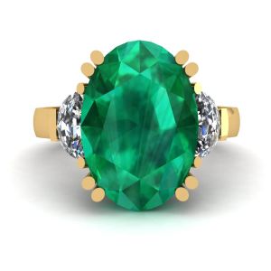 Oval Emerald with Half-Moon Side Diamonds Ring Yellow Gold