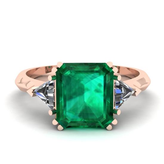 3 carat Emerald Ring with Triangle Side Diamonds Rose Gold, Enlarge image 1
