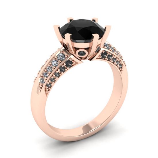 6-Prong Black Diamond with Duo-color Pave Ring Rose Gold,  Enlarge image 4
