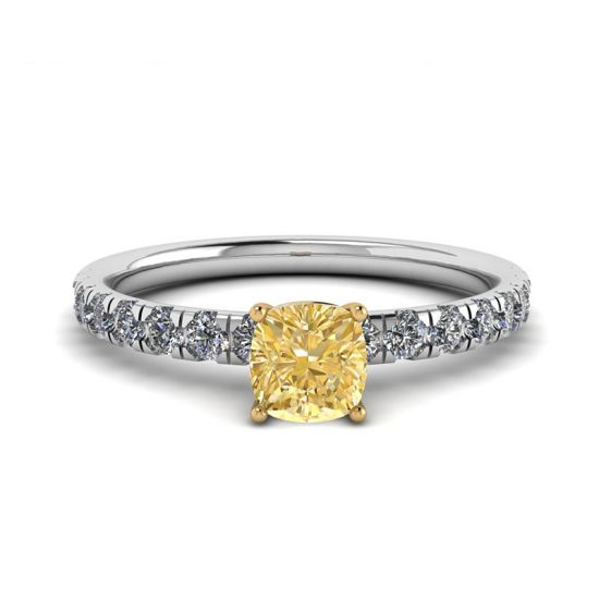 Cushion Yellow Diamond 0.5 ct with Side Pave Ring, Enlarge image 1