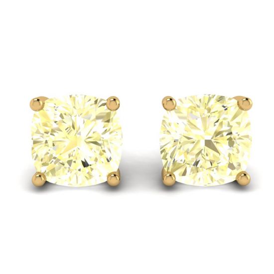 Cushion Yellow Diamond Stud Earrings in 18K Yellow Gold, Enlarge image 1