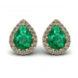 Pear-Shaped Emerald with Diamond Halo Earrings Yellow Gold Pear-Shaped Emerald with Diamond Halo Earrings Yellow Gold