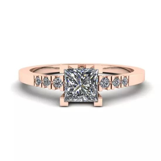 Princess Cut Diamond Ring with 3 Small Side Diamonds Rose Gold, Enlarge image 1