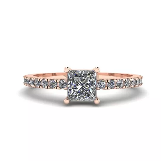 Princess Cut Diamond Ring with Side Pave in 18K Rose Gold, Enlarge image 1
