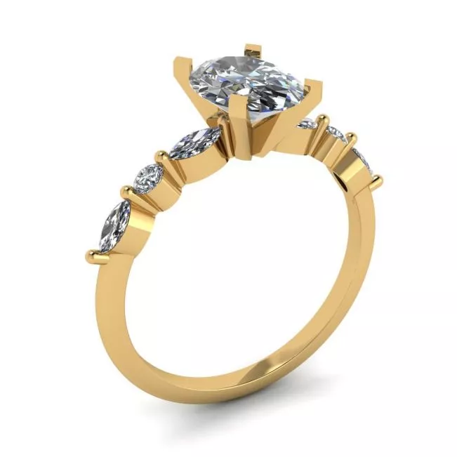 Oval Diamond Side Marquise and Round Stones Ring Yellow Gold - Photo 3