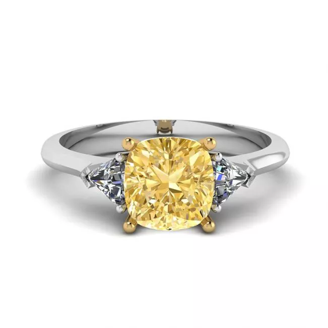 1 carat Cushion Yellow Diamond with Side Trillions Ring