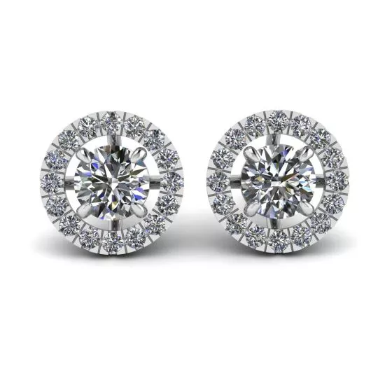 Round Diamond Halo Stud Earrings in 18K White Gold, Enlarge image 1