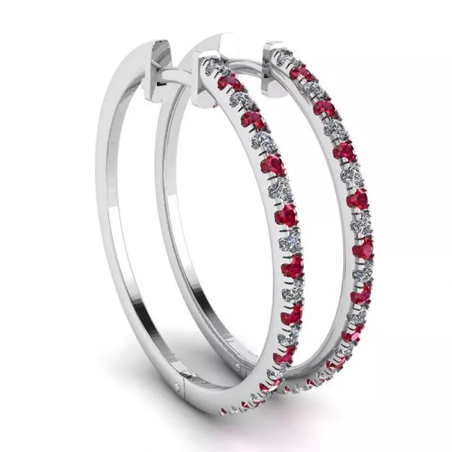 White Gold Hoop Earrings with Rubies and Diamonds